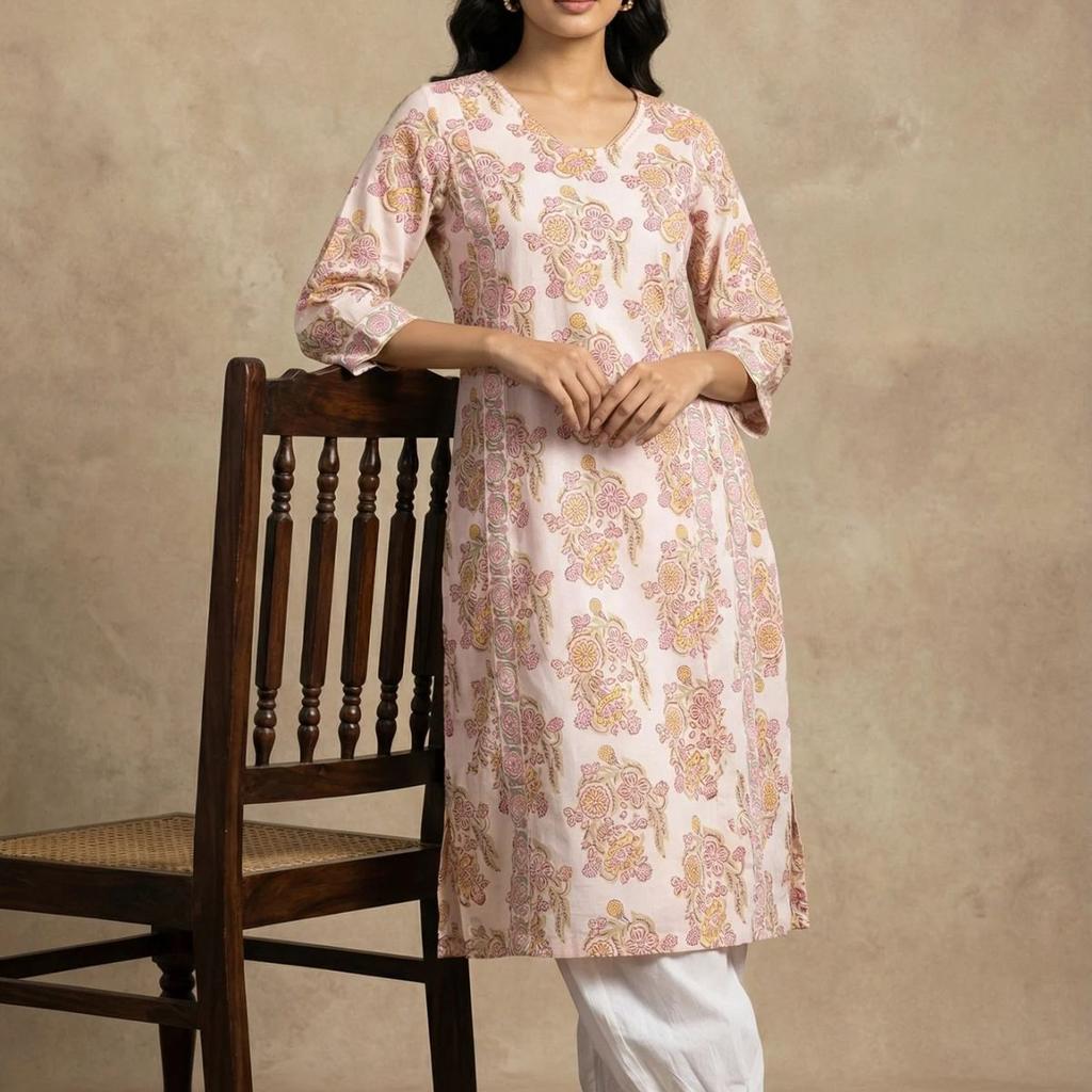 White Floral Printed Pure Cotton Straight Kurta