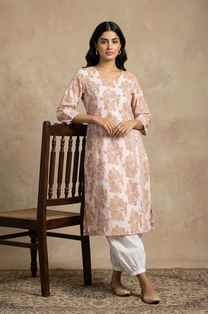 White Floral Printed Pure Cotton Straight Kurta — XS