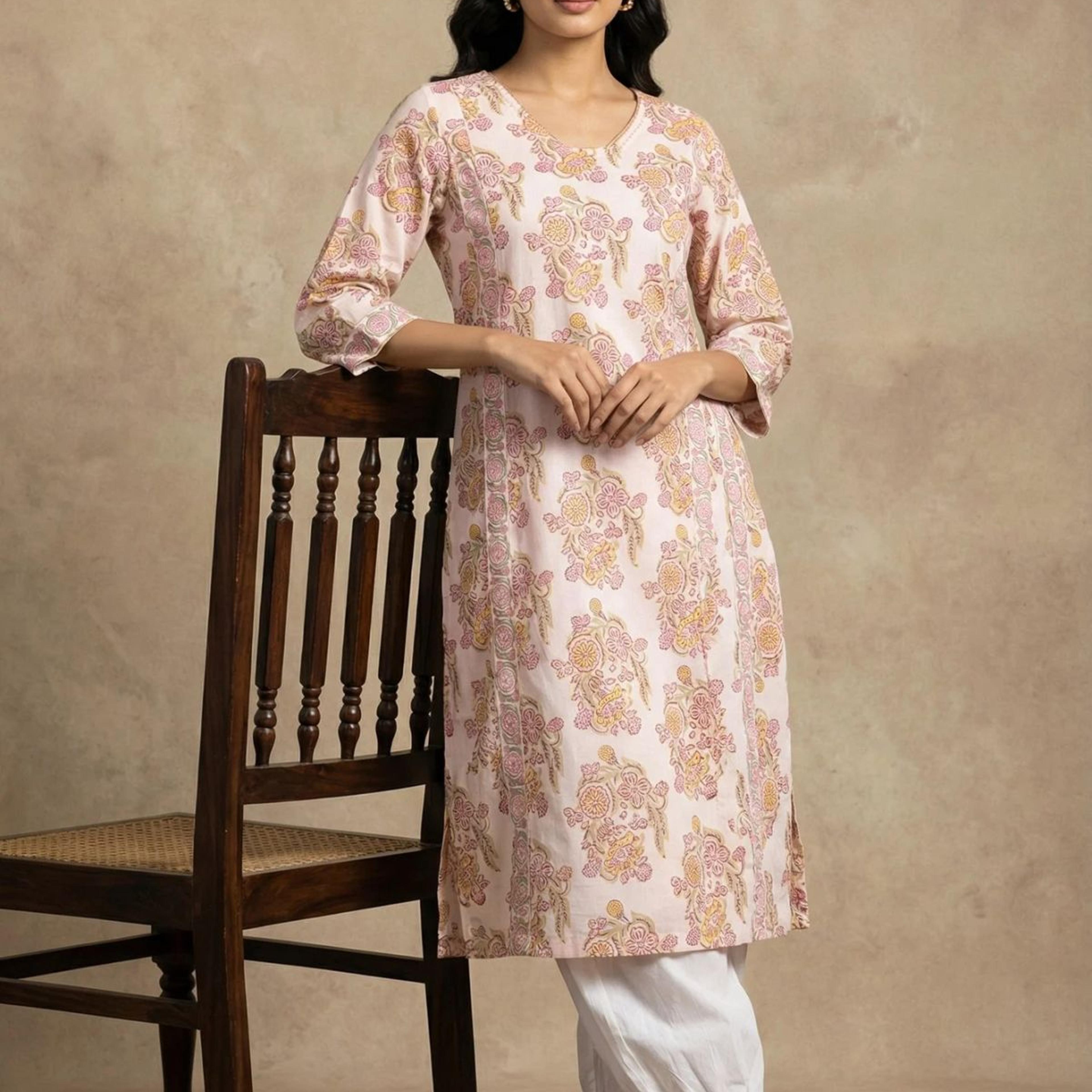 White Floral Printed Pure Cotton Straight Kurta