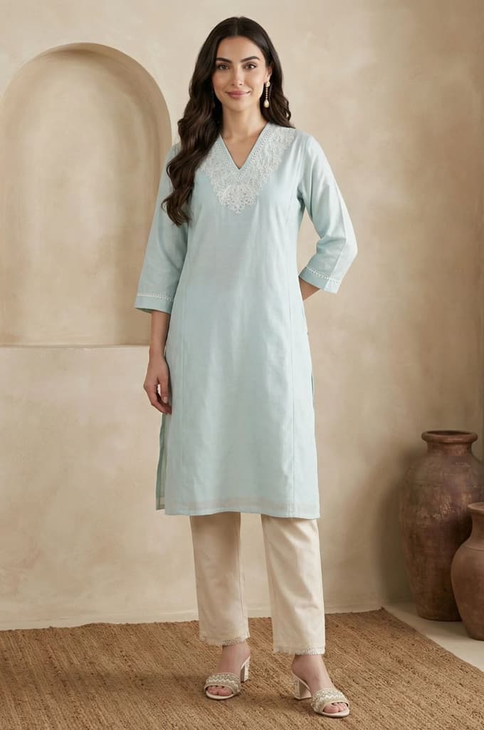 Blue Yarn Dyed Chikankari Embroidered Straight Kurta — XS