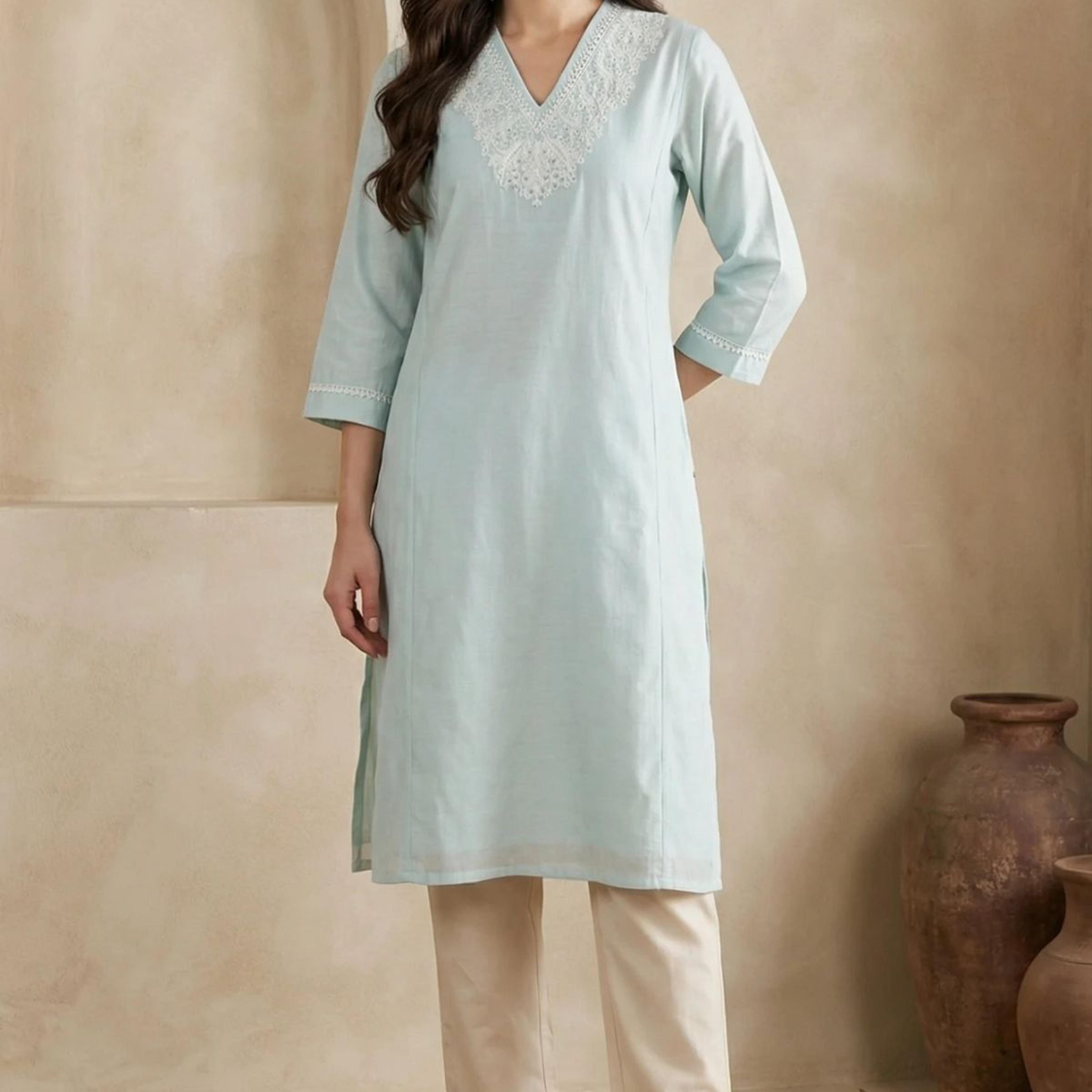 Blue Yarn Dyed Chikankari Embroidered Straight Kurta