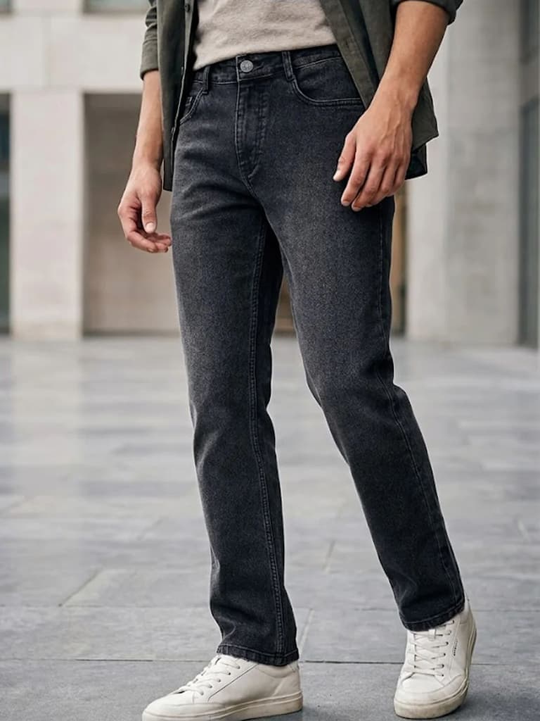 Men's Black Straight Fit Washed Jeans Stretchable — 28 / Black