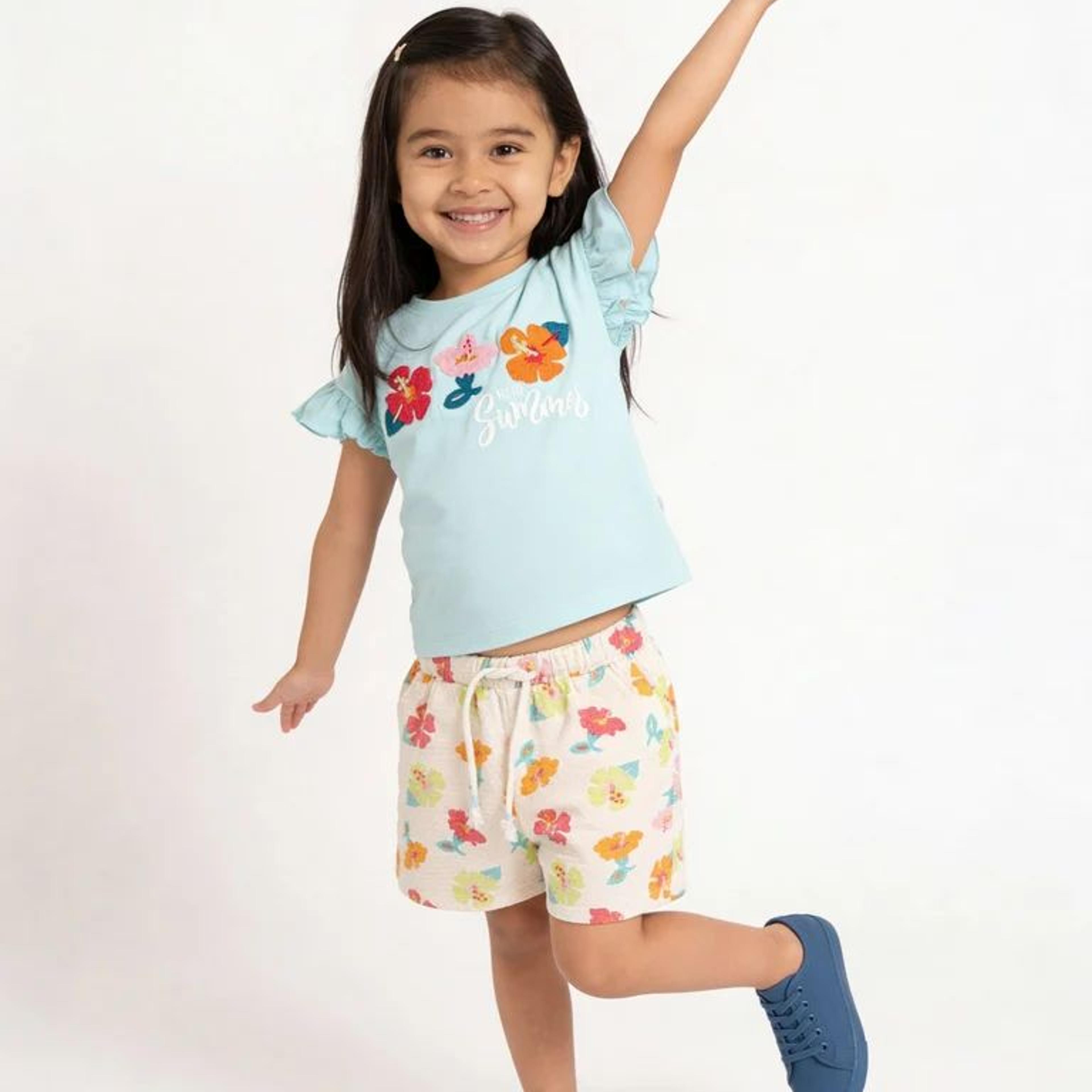 HOP Kids Girls Mint Green Embroidered Cotton Top and Shorts Set