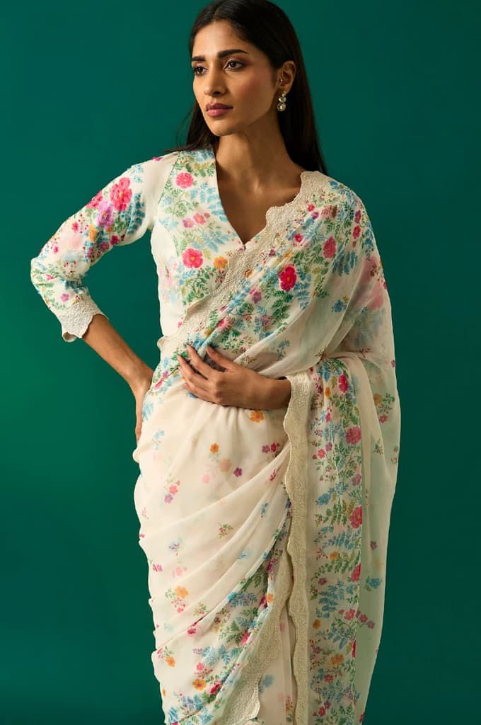 Off-White Floral Printed Embroidered Georgette Saree with Unstitched Blouse — photo 3