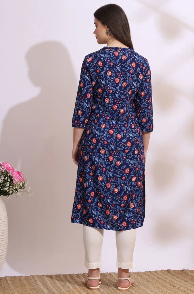 Blue Bold Floral Printed Cotton Cambric Straight Kurta — photo 6