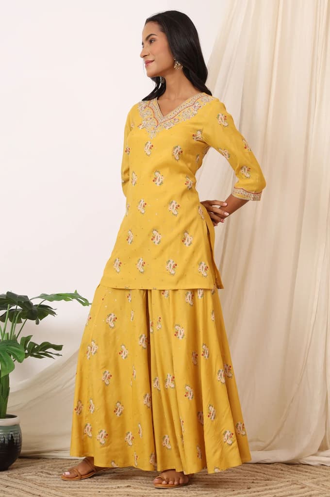 Mustard Yellow Printed Short Shantung Kurti, Culottes and Dupatta Set — photo 5
