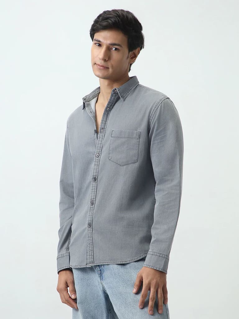 Men's Ice Grey Regular Fit Full Sleeve Solid Denim Shirt — photo 2
