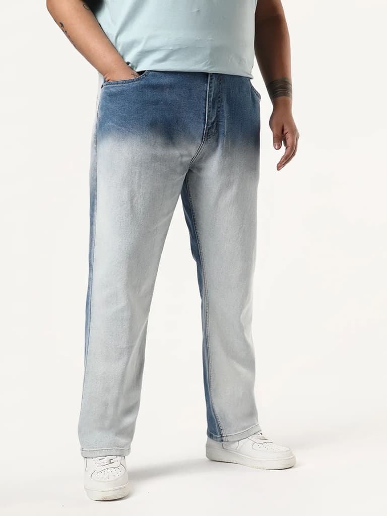 Plus Men's Light Blue Straight Fit Heavy Washed Faded Denim Jeans Stretchable — photo 3