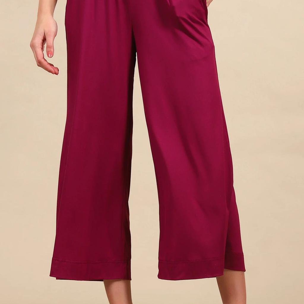 Purple Solid Flared Pants With Smoked Waist