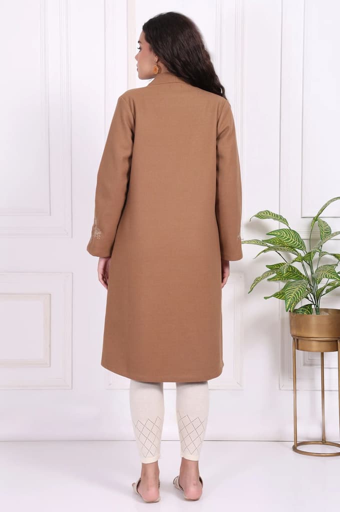 Camel Brown Embroidered Straight Woven Coat — photo 5