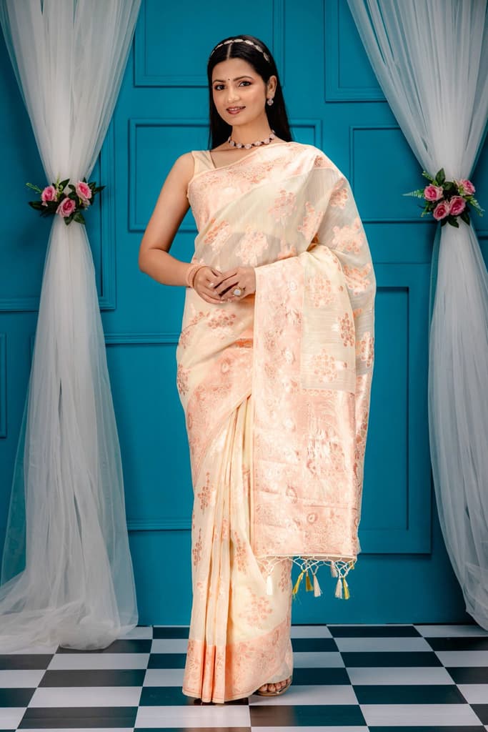 Mimosa Women's Woven Design Banarasi Style Art Silk Saree With Blouse Piece : SA00001806HWFREE — Halfwhite
