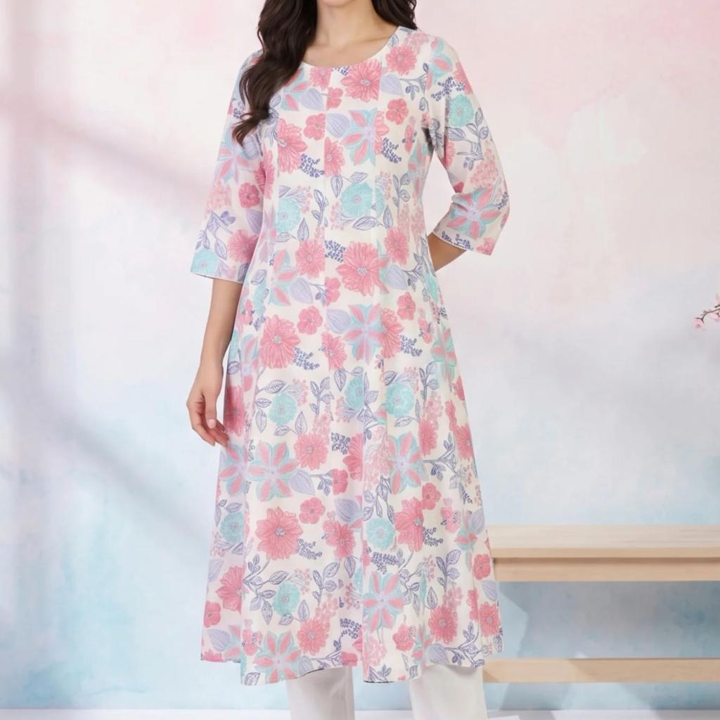 White Floral Printed Cotton Flax Flared Kurta