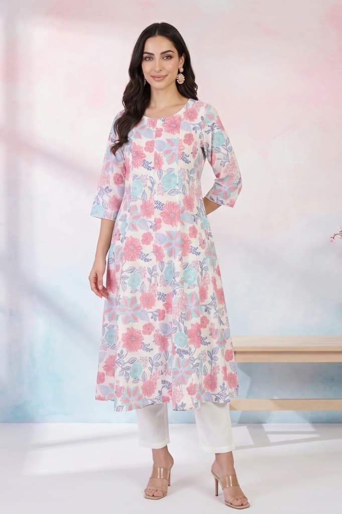 White Floral Printed Cotton Flax Flared Kurta — XS