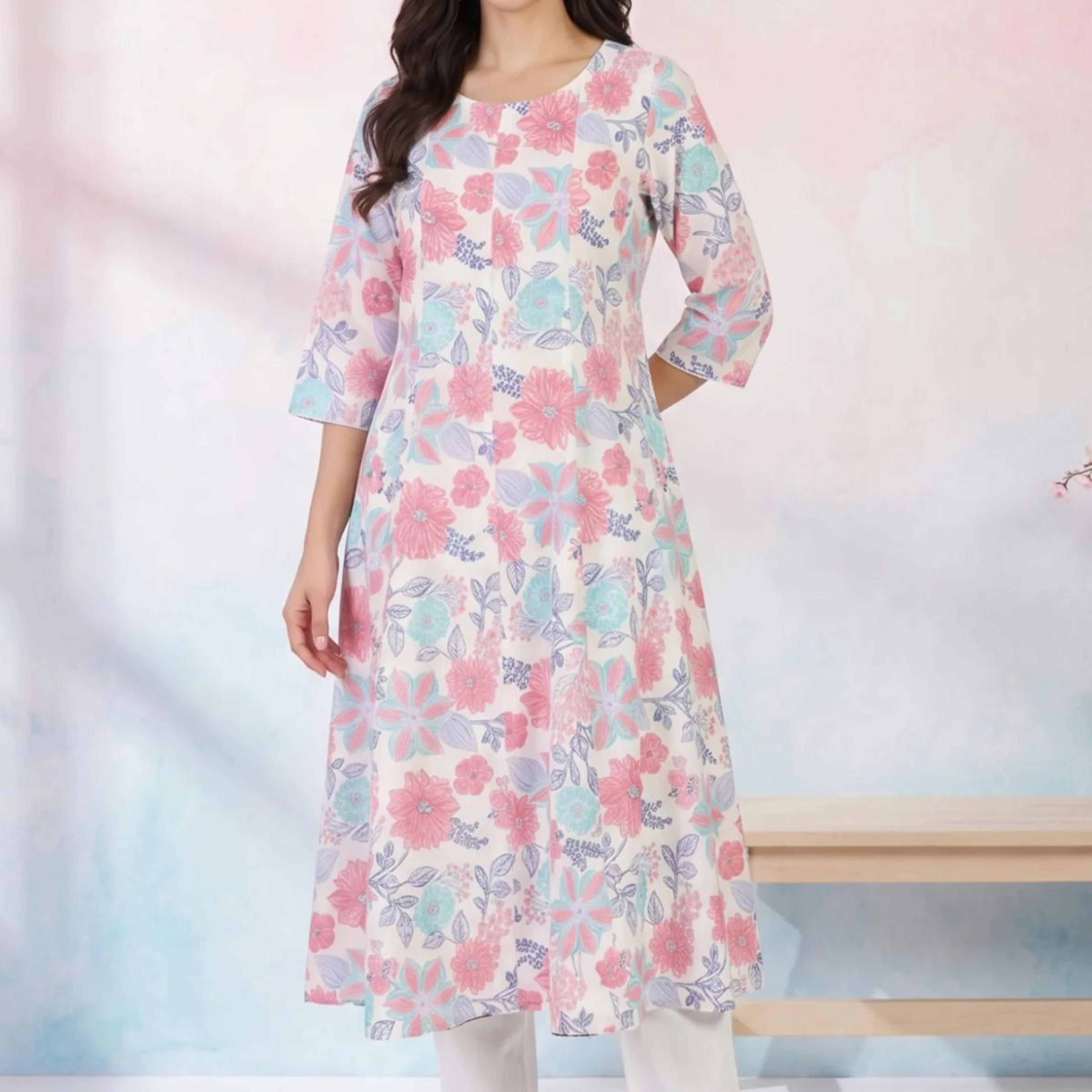 White Floral Printed Cotton Flax Flared Kurta