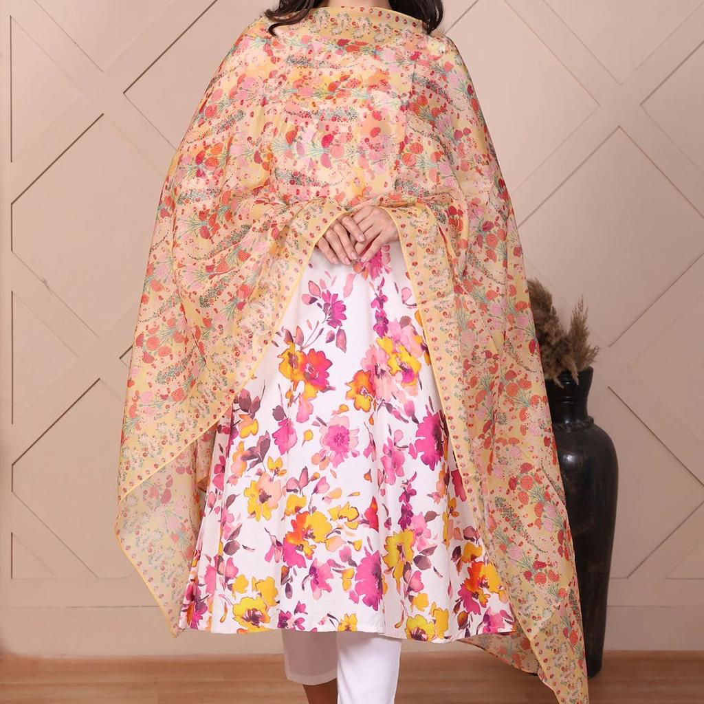 Yellow Floral Printed Organza Dupatta