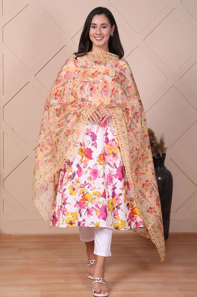 Yellow Floral Printed Organza Dupatta — FS