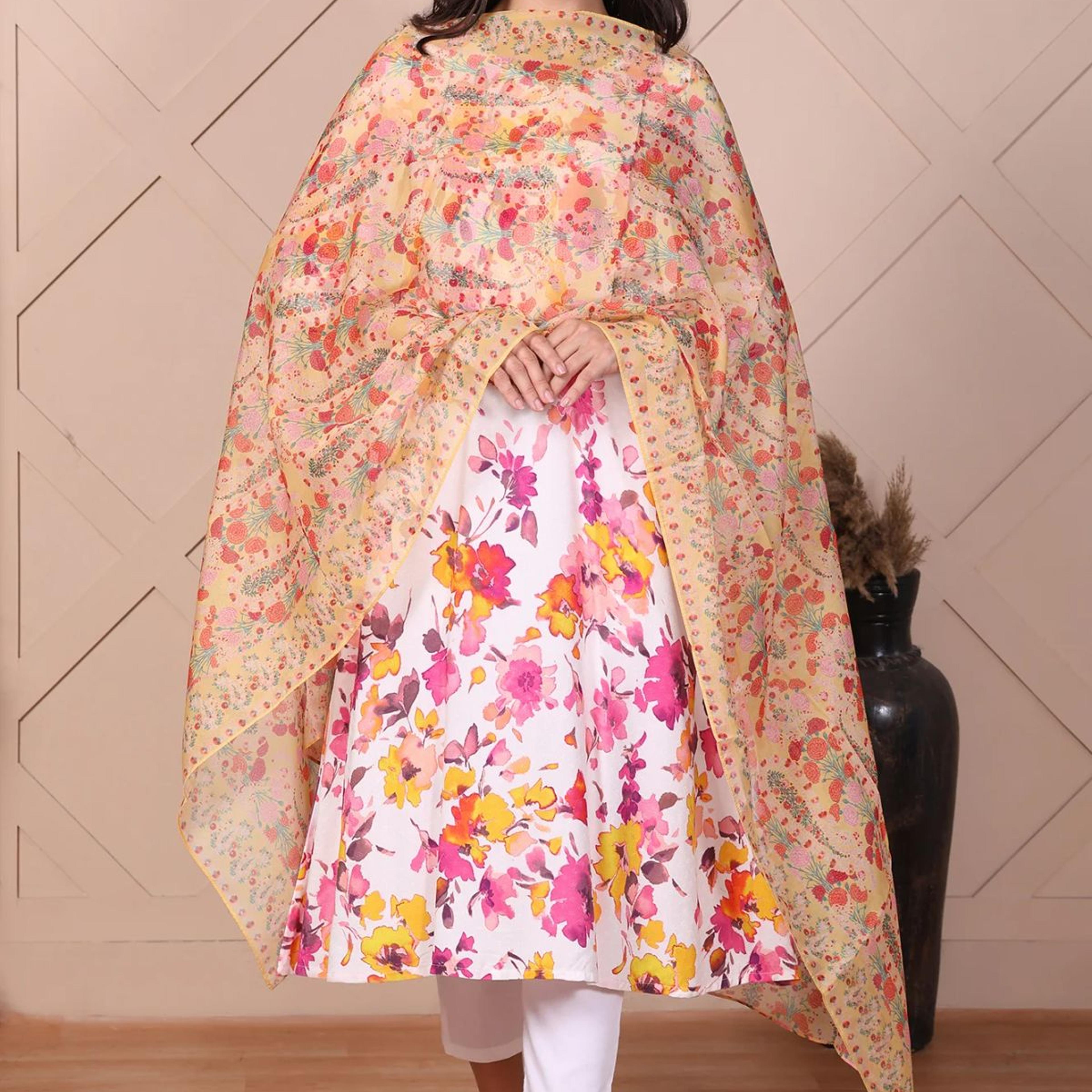 Yellow Floral Printed Organza Dupatta