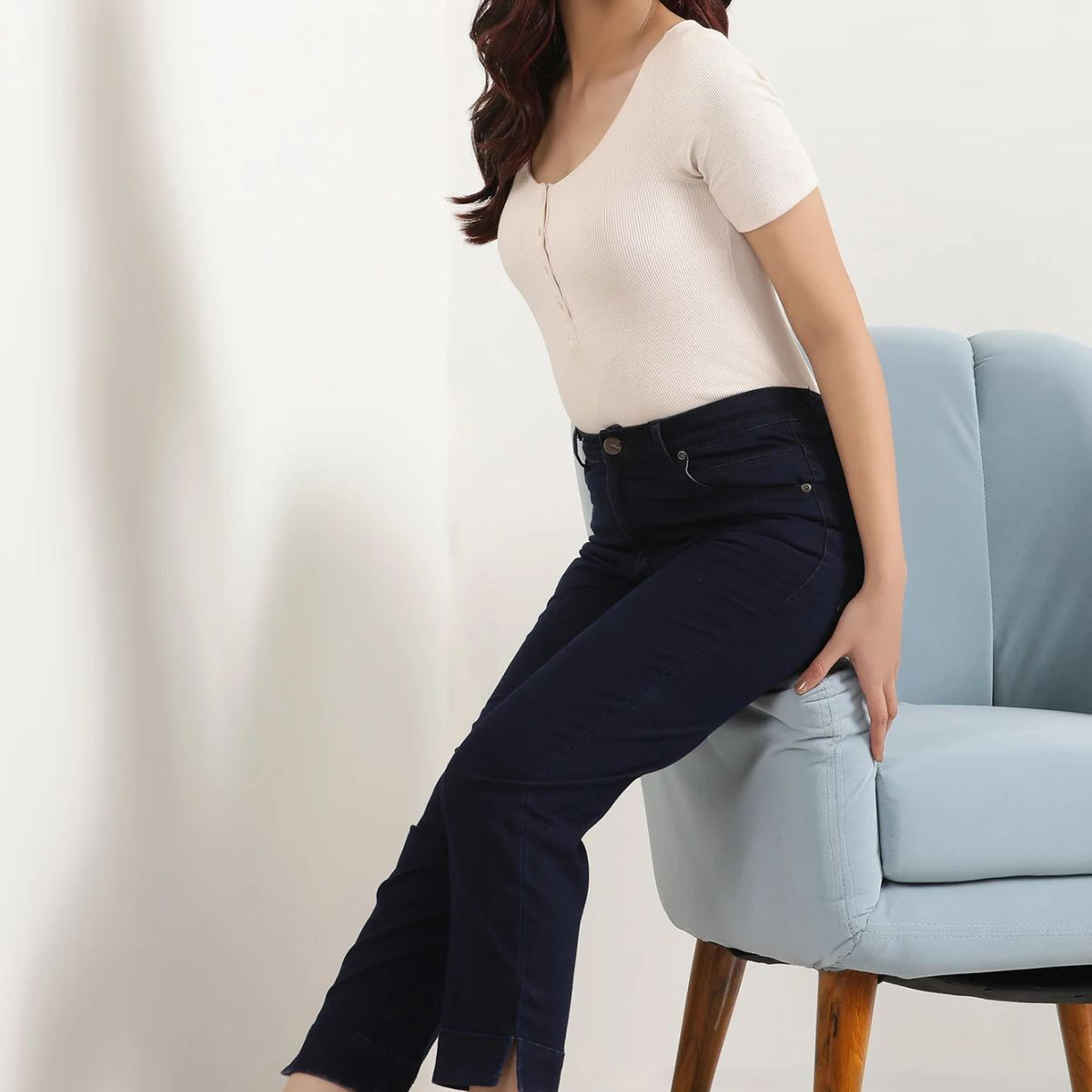 Blue Cropped Denim Straight Pants