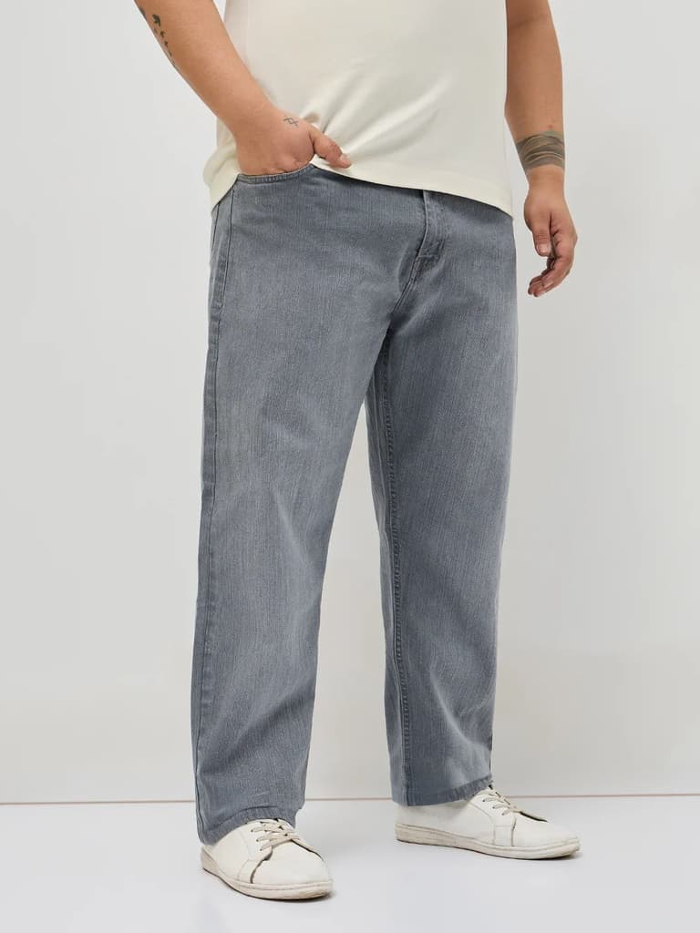 Plus Men's Grey Straight Fit Washed Denim Jeans Stretchable — photo 2