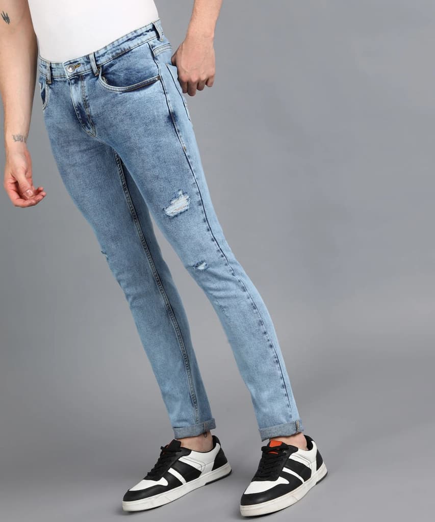 Men's Sky Blue Slim Fit Washed Mild Distressed/Torn Jeans Stretchable — photo 3