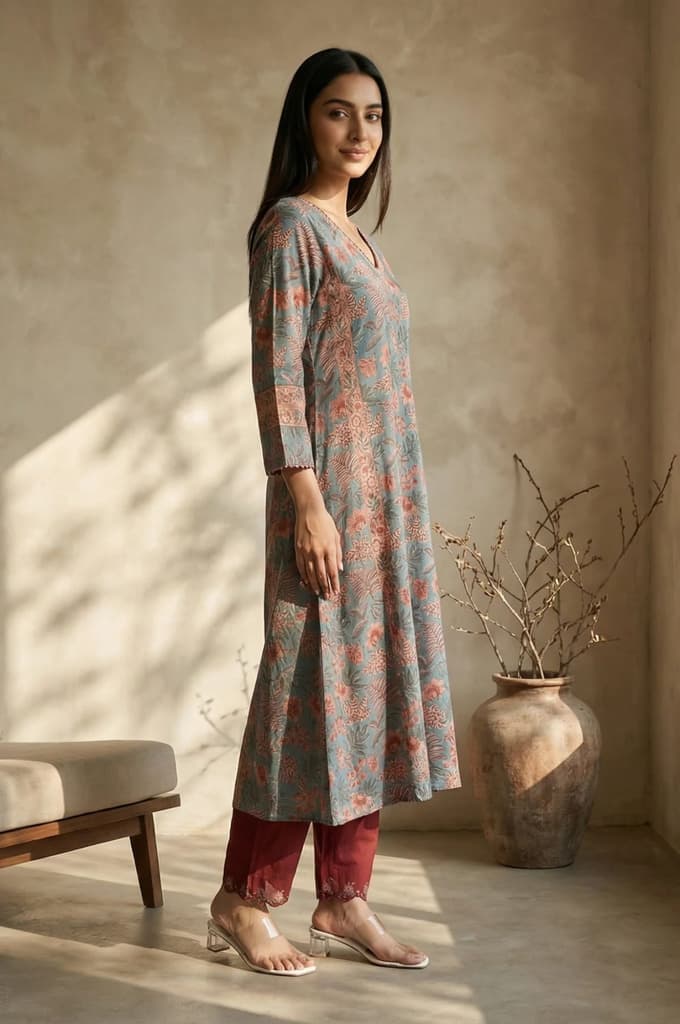 Blue Floral Printed Block Print Mirror work Pure Cotton A-line Kurta — photo 5
