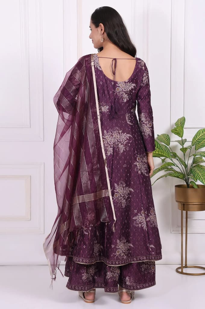 Purple Floral Printed Embroidered Anarkali Kurta with Dupatta Set — photo 5