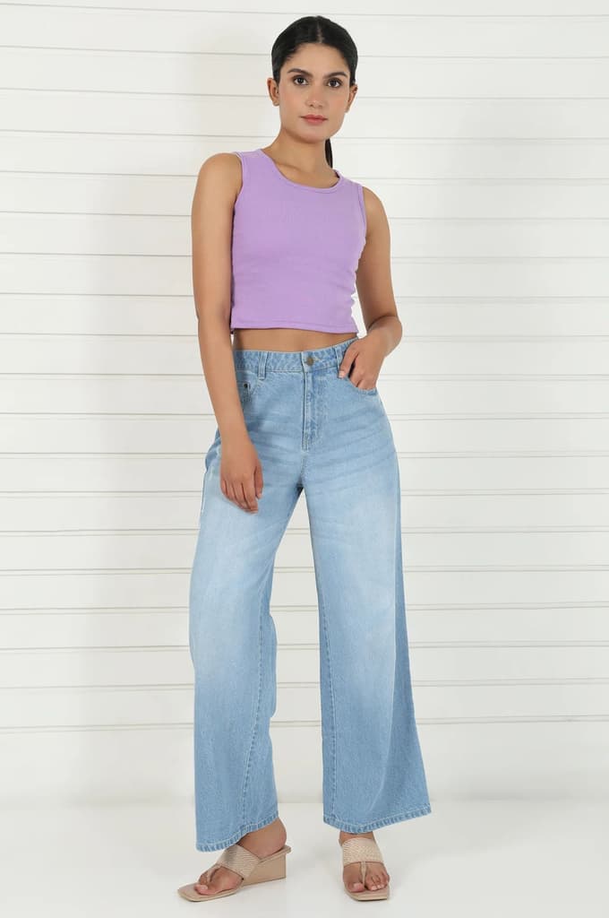 Blue Denim Mid Rise Ankle Length Flared Pants with YKK Zipper