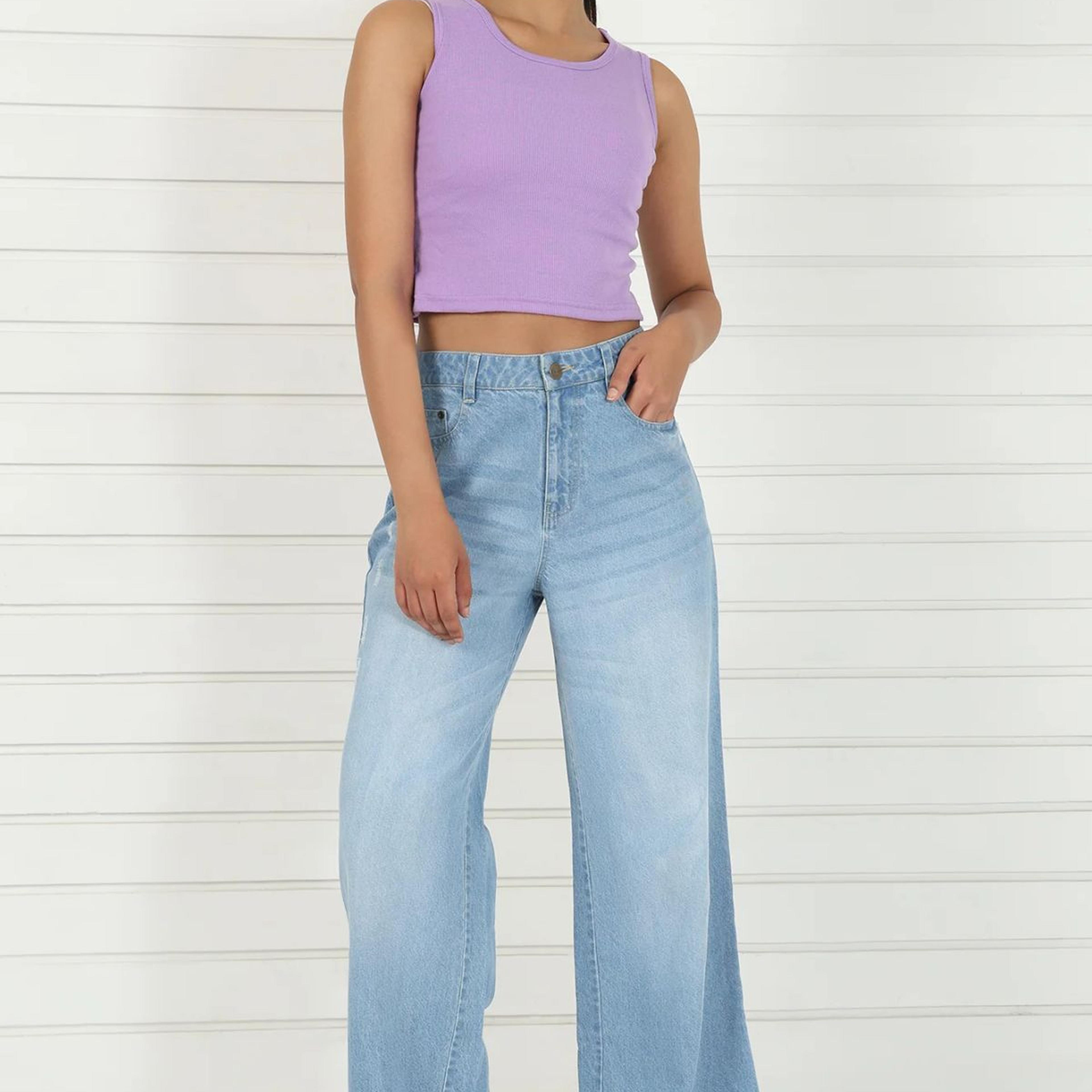 Blue Denim Mid Rise Ankle Length Flared Pants with YKK Zipper