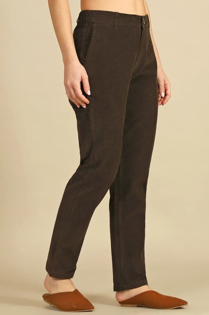 Dark Brown Solid Straight-fit Cotton Pants with YKK Zipper — photo 6