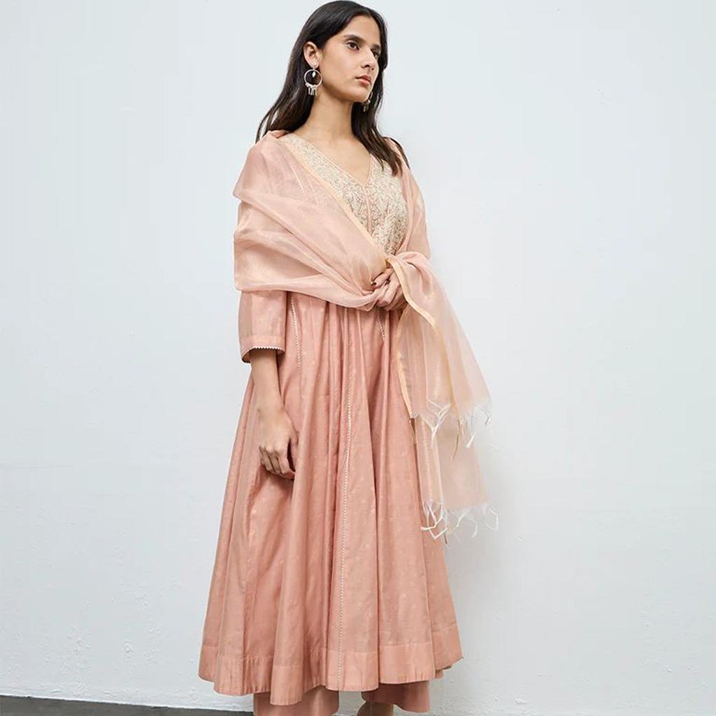 Vark Peach Embroidered A-Line Ethnic Set