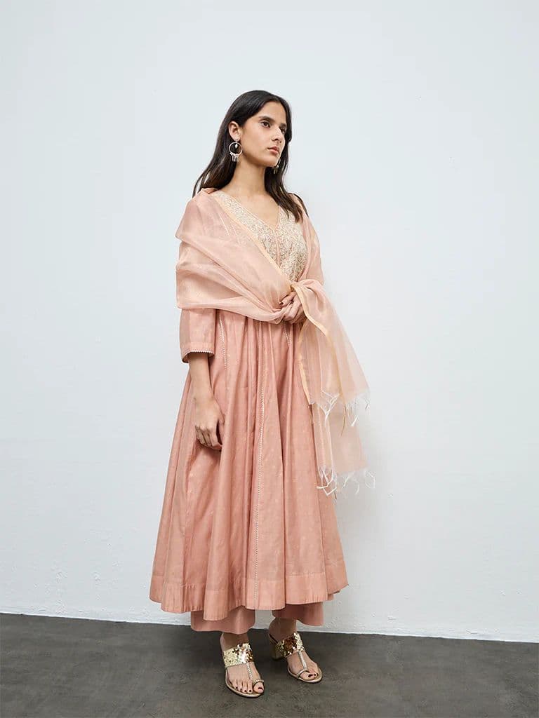 Vark Peach Embroidered A-Line Ethnic Set