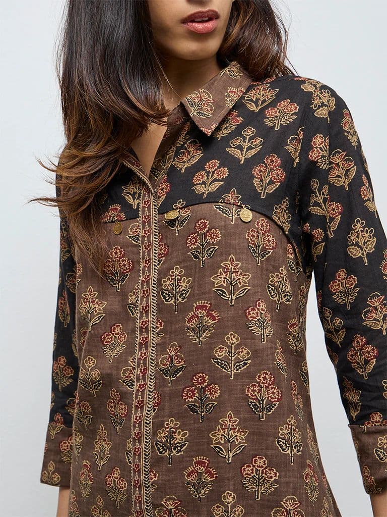 Utsa Taupe Botanical Design Cotton A-Line Kurta — photo 3