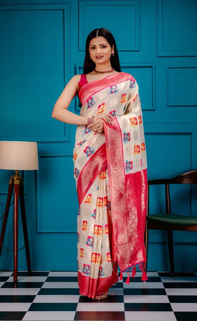 Mimosa Women's Woven Design Kanjivaram Style Art Silk Saree With Blouse Piece : SA00001624HWFREE — Halfwhite