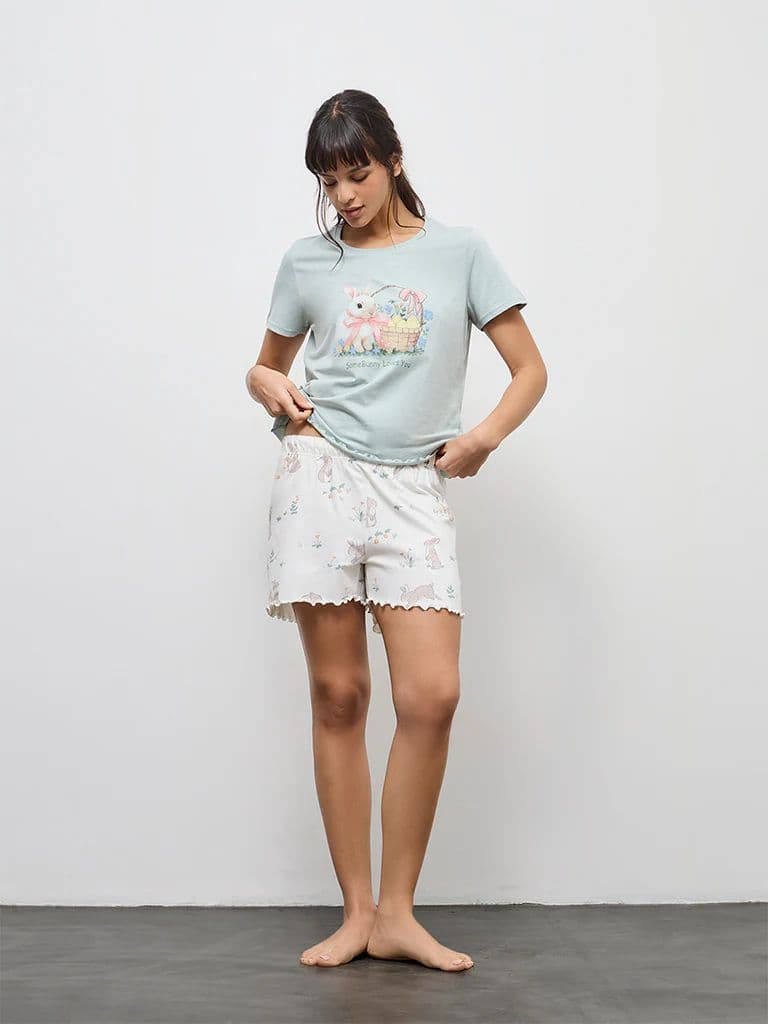 Wunderlove Sea Green Cotton-Blend T-Shirt and Shorts Set — photo 2