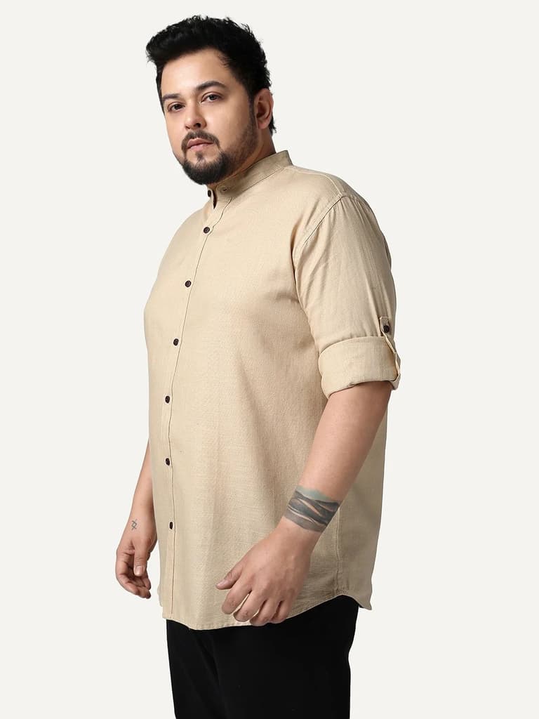 Plus Men's Beige Linen Blend Full Sleeve Relaxed Fit Mandarin Collar Casual Solid Shirt — photo 2
