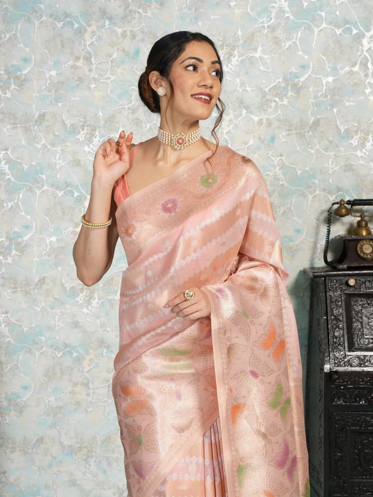 Mimosa Women's Woven Design Banarasi Style Art Silk Saree With Blouse Piece : SA00002065PNKFREE — Pink