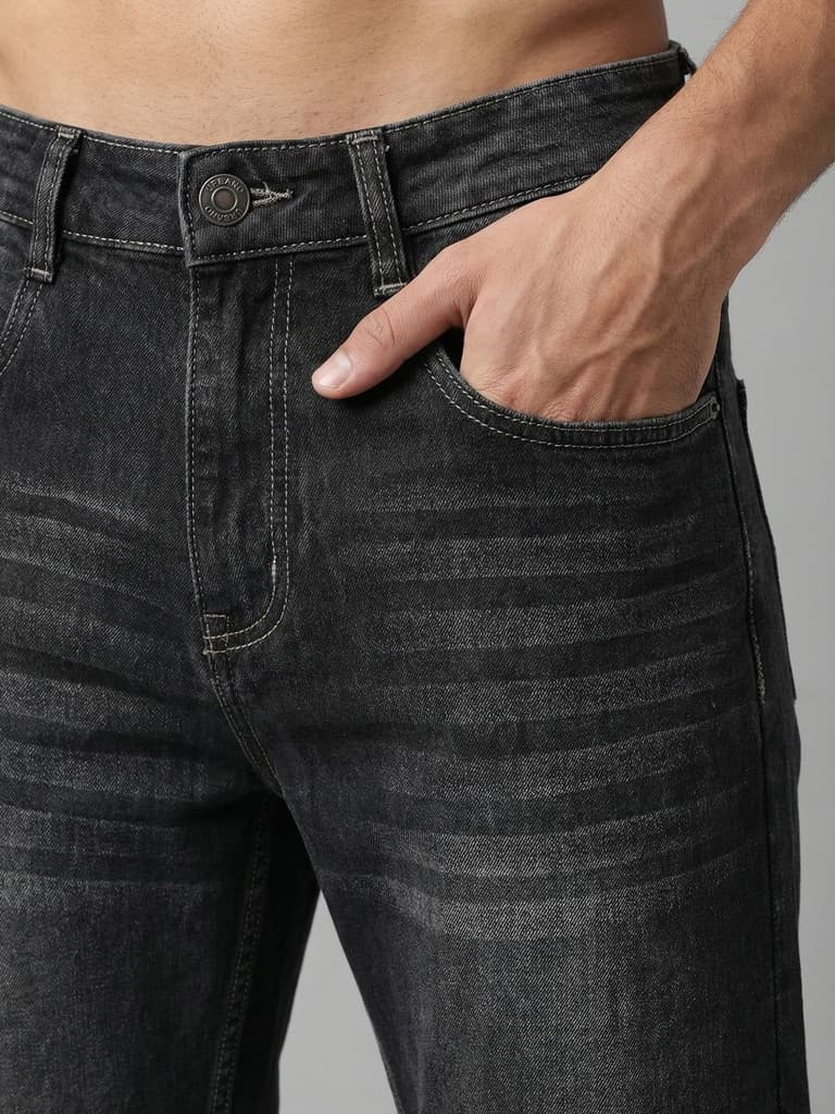 Men's Dark Grey Relaxed Fit Washed Denim Jeans Non-Stretchable — photo 5