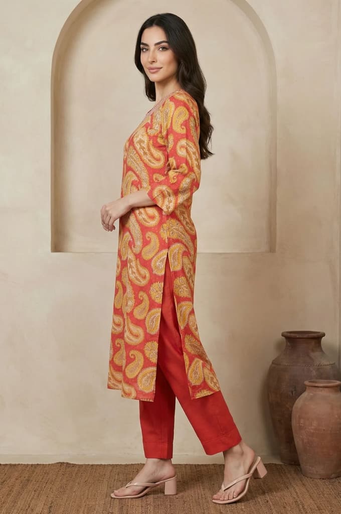 Rust Red Paisley Thread Embroidered Modal Straight Kurta — photo 4