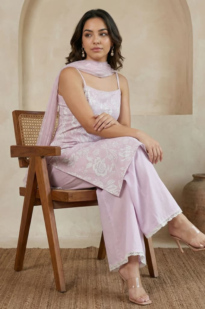 Lavender Floral Printed Pure Cotton Noodle Straps Straight Kurta with Palazzo and Dupatta Set — photo 2