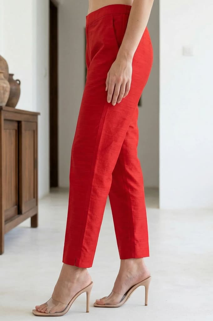 Red Solid Slim Fit Ankle Length Trousers — photo 2