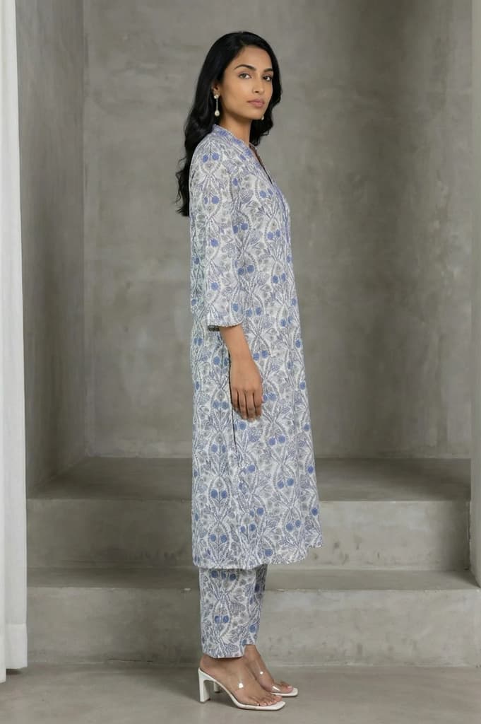 White Block Printed Pure Cotton Straight Kurta with Pants and Dupatta Set — photo 6