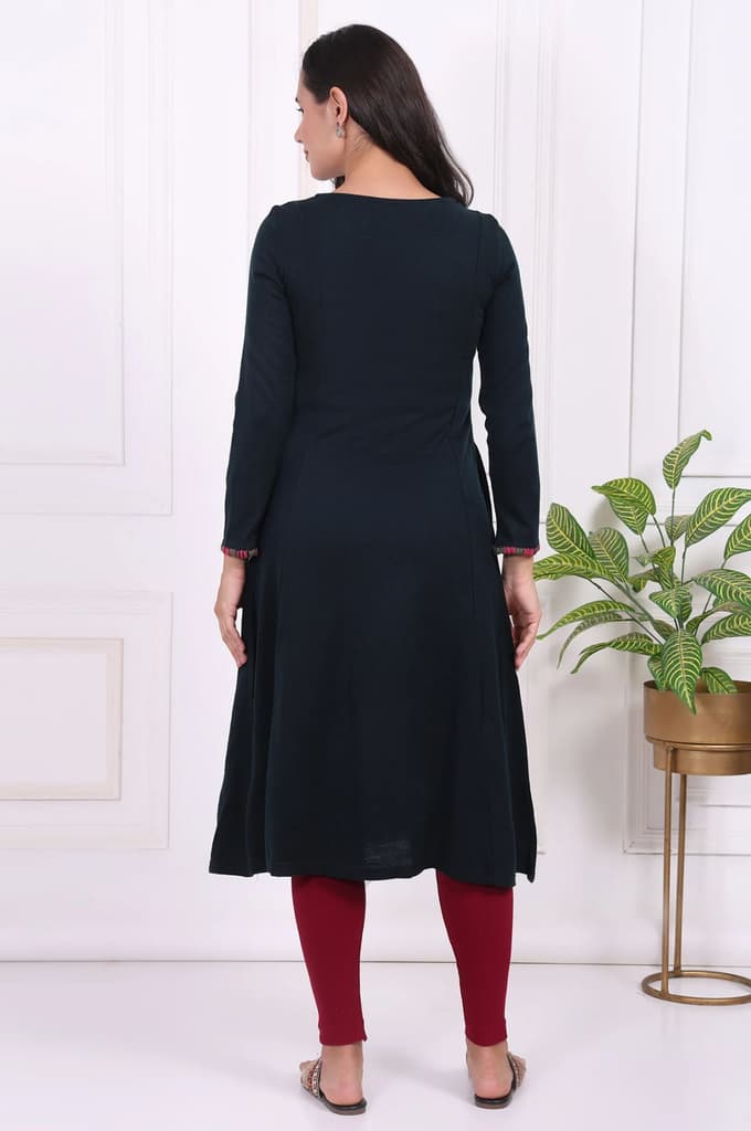 Navy Blue Thread Embroidered Acrylic Flared A-line Kurta — photo 5