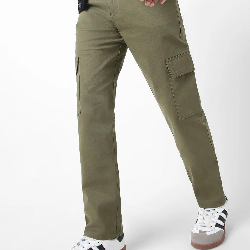 Men's Olive Regular Fit Solid Cargo Chino Pant with 6 Pockets Stretchable