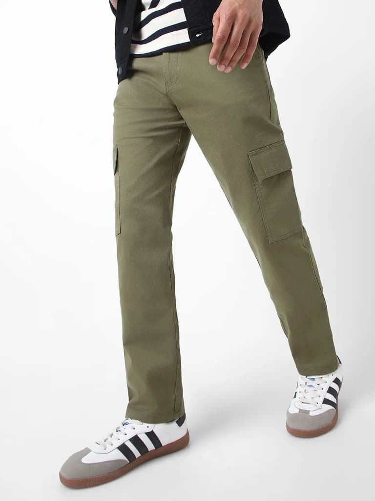 Men's Olive Regular Fit Solid Cargo Chino Pant with 6 Pockets Stretchable — 28 / Olive
