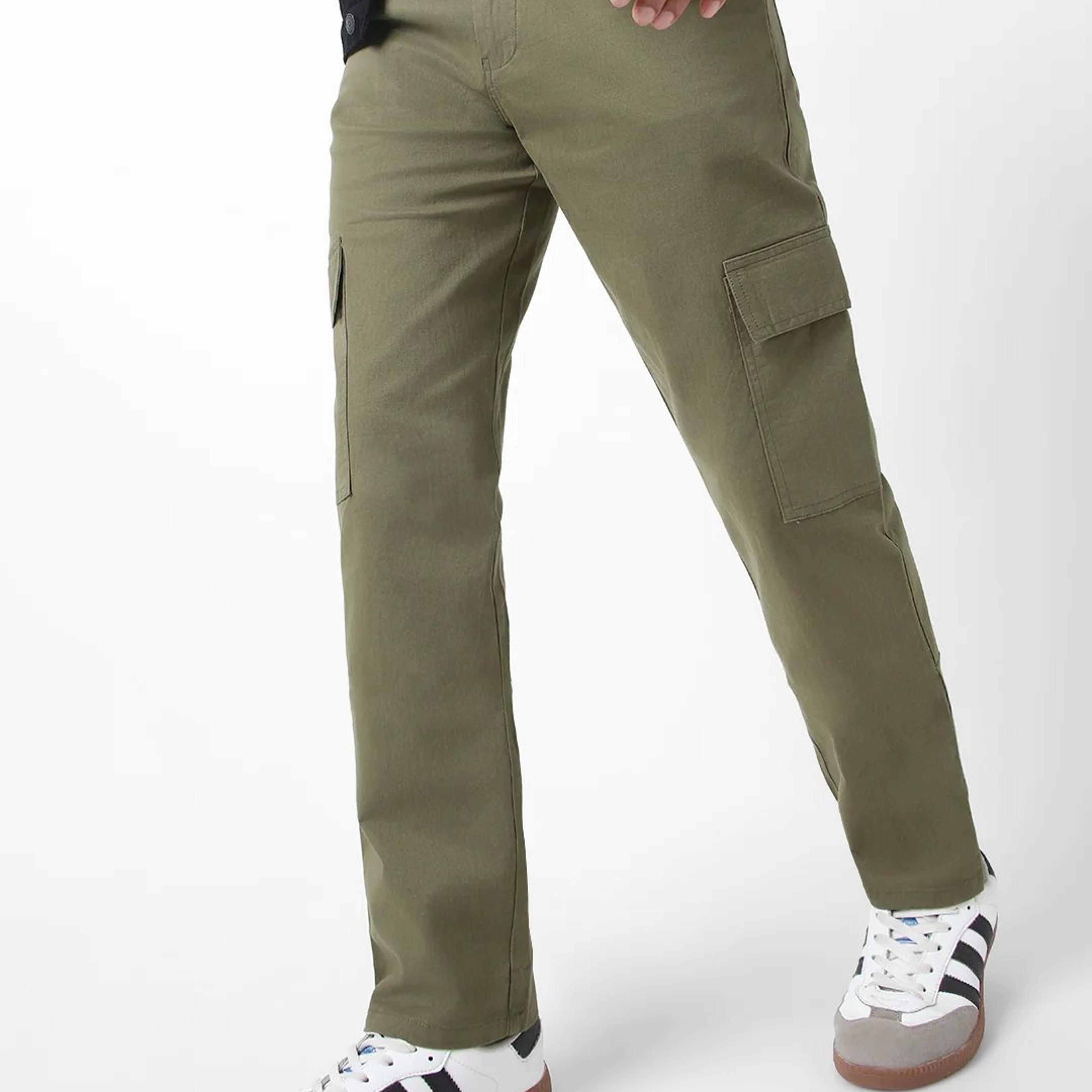 Men's Olive Regular Fit Solid Cargo Chino Pant with 6 Pockets Stretchable