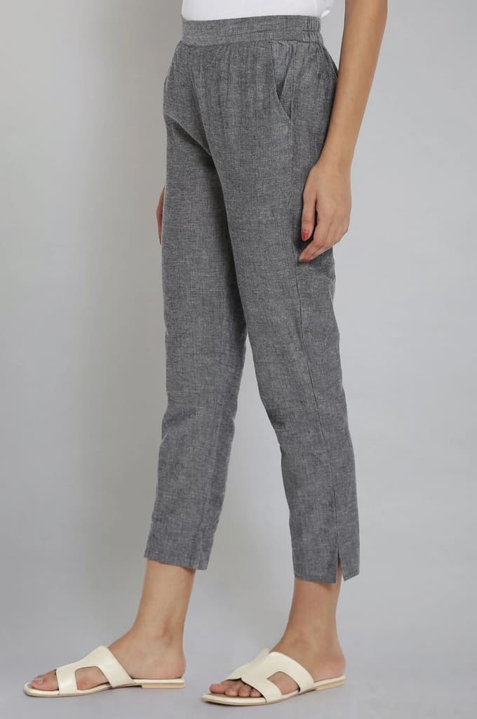 Grey Solid Straight Fit Cotton Trousers With Elasticated Waistband — photo 3