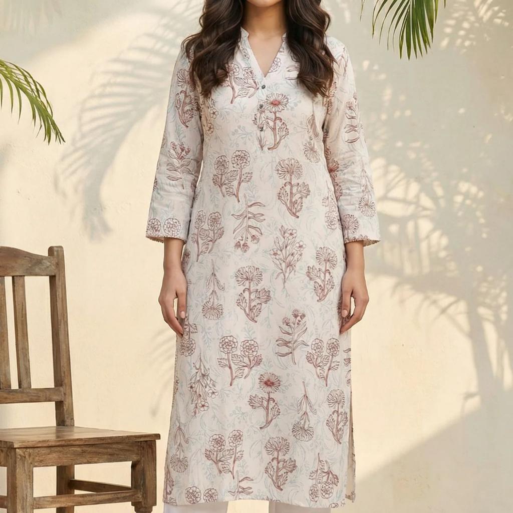 Off White Floral Printed Rayon Straight Kurta