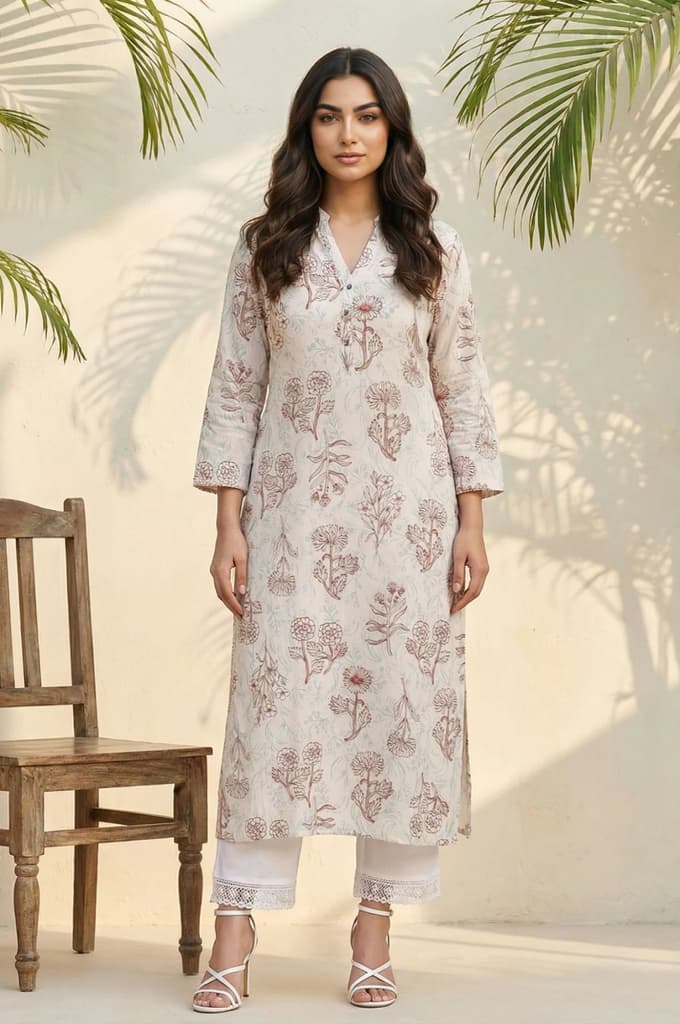 Off White Floral Printed Rayon Straight Kurta — XS