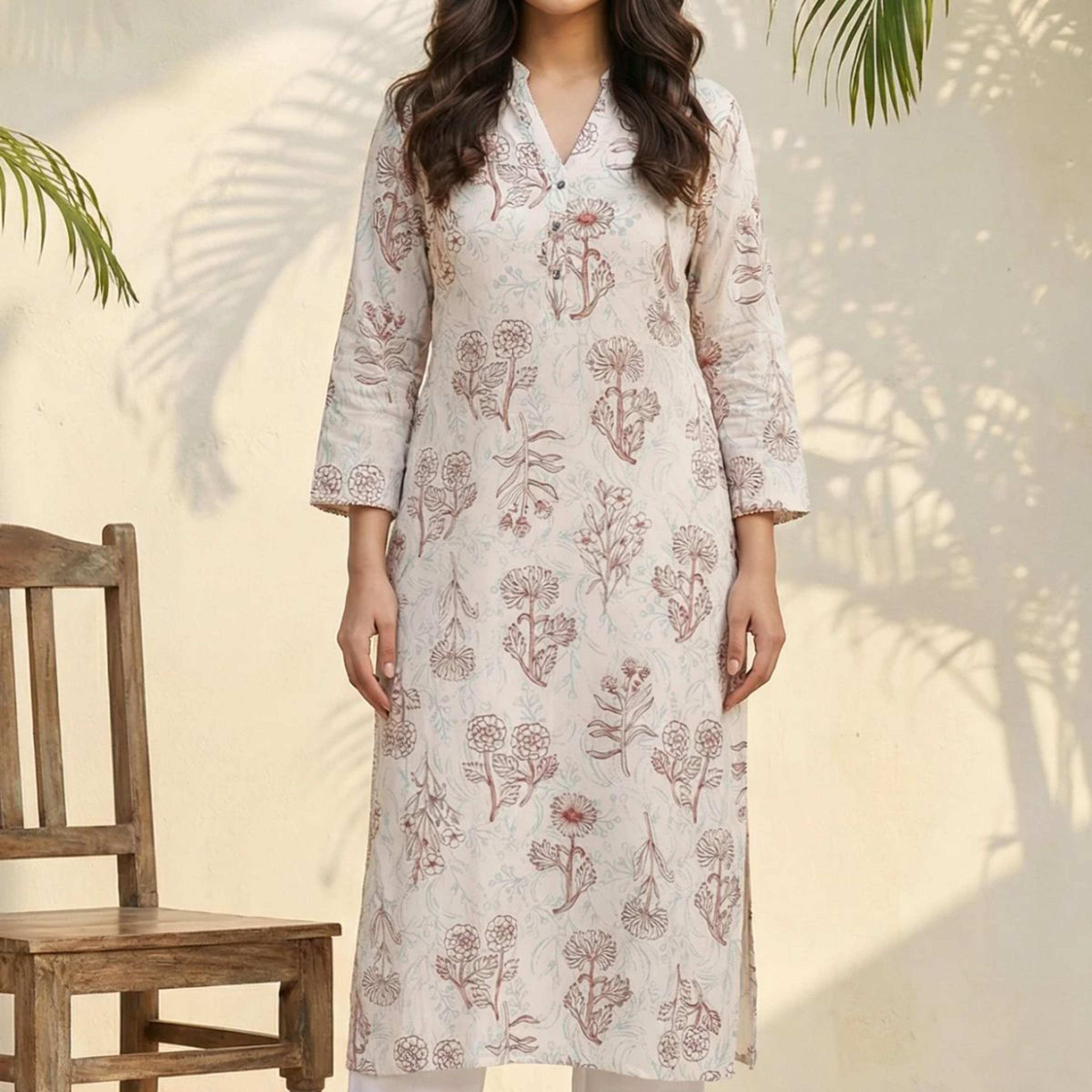 Off White Floral Printed Rayon Straight Kurta