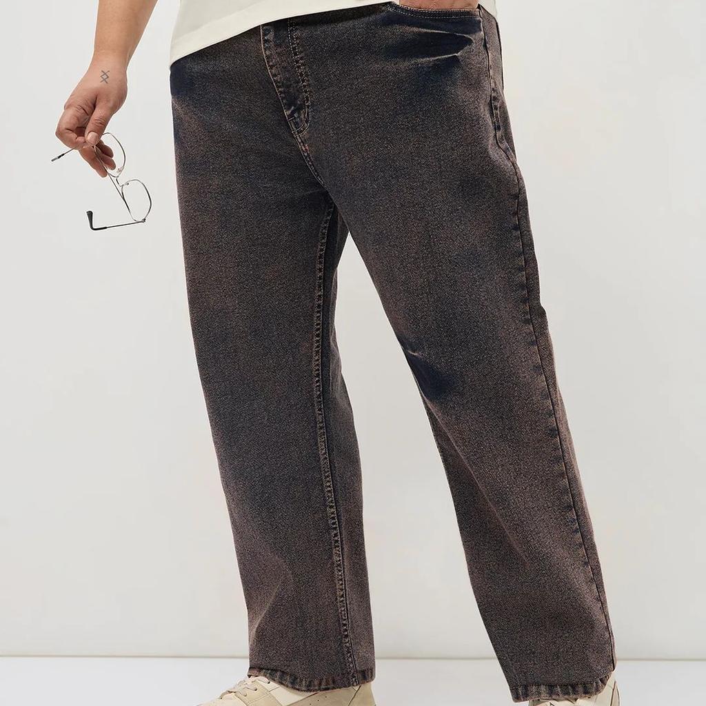 Plus Men's Light Brown Regular Fit Acid Washed Denim Jeans Stretchable